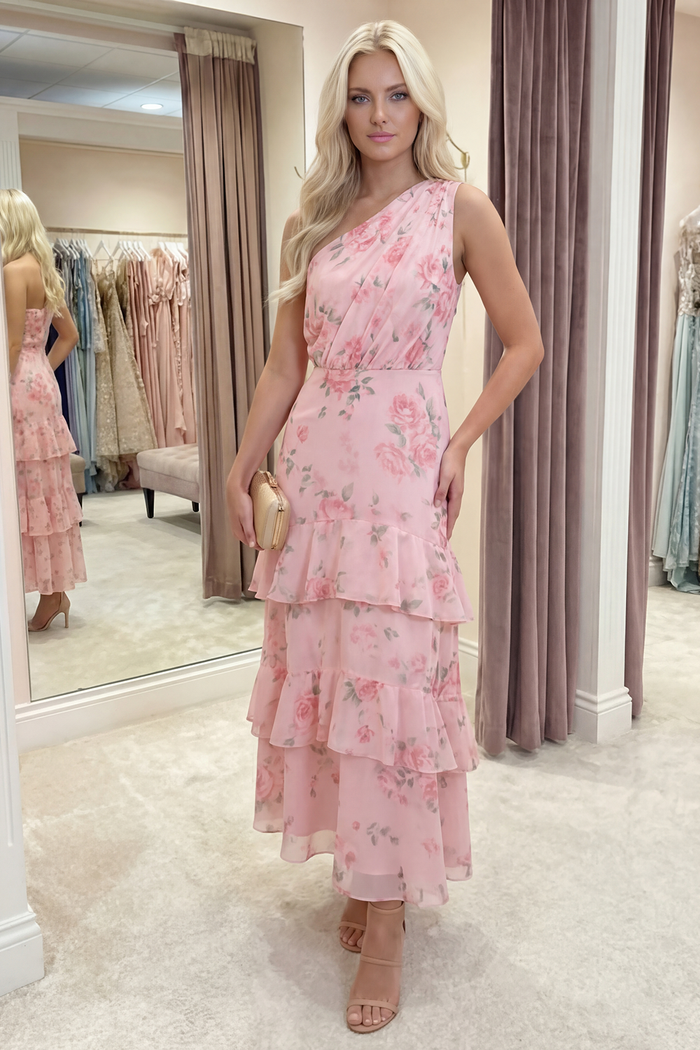 Pink One Shoulder Ruched Floral Long Prom Dress with Ruffles