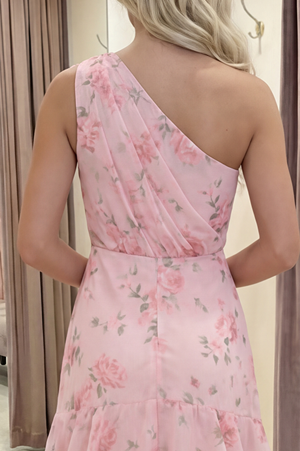 Pink One Shoulder Ruched Floral Long Prom Dress with Ruffles
