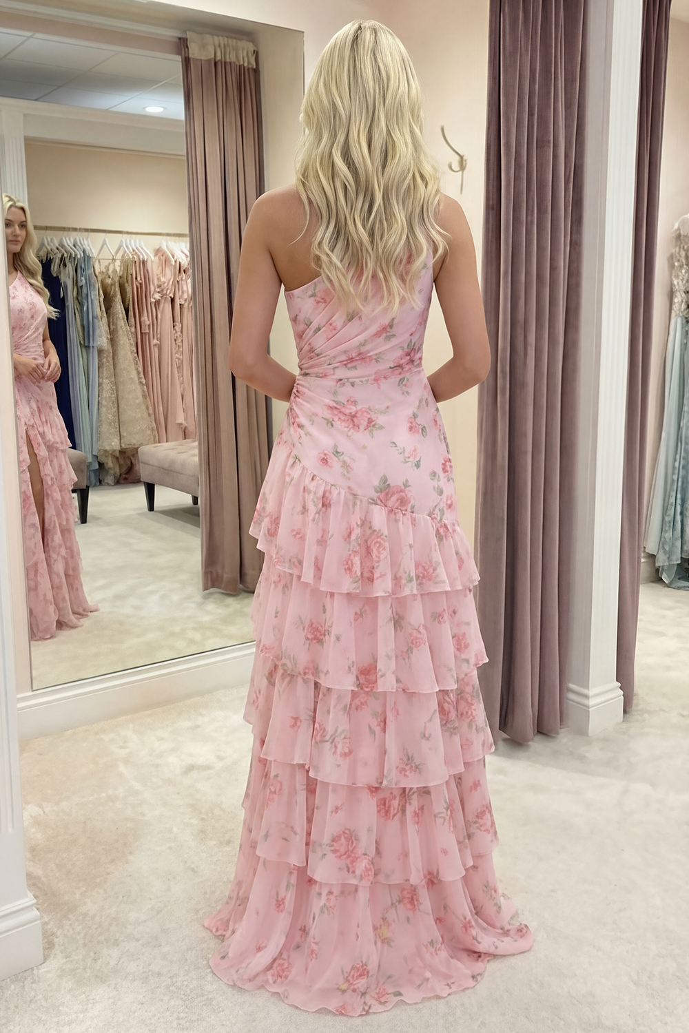 Pink A Line Ruched Ruffled Floral Long Prom Dress with Slit