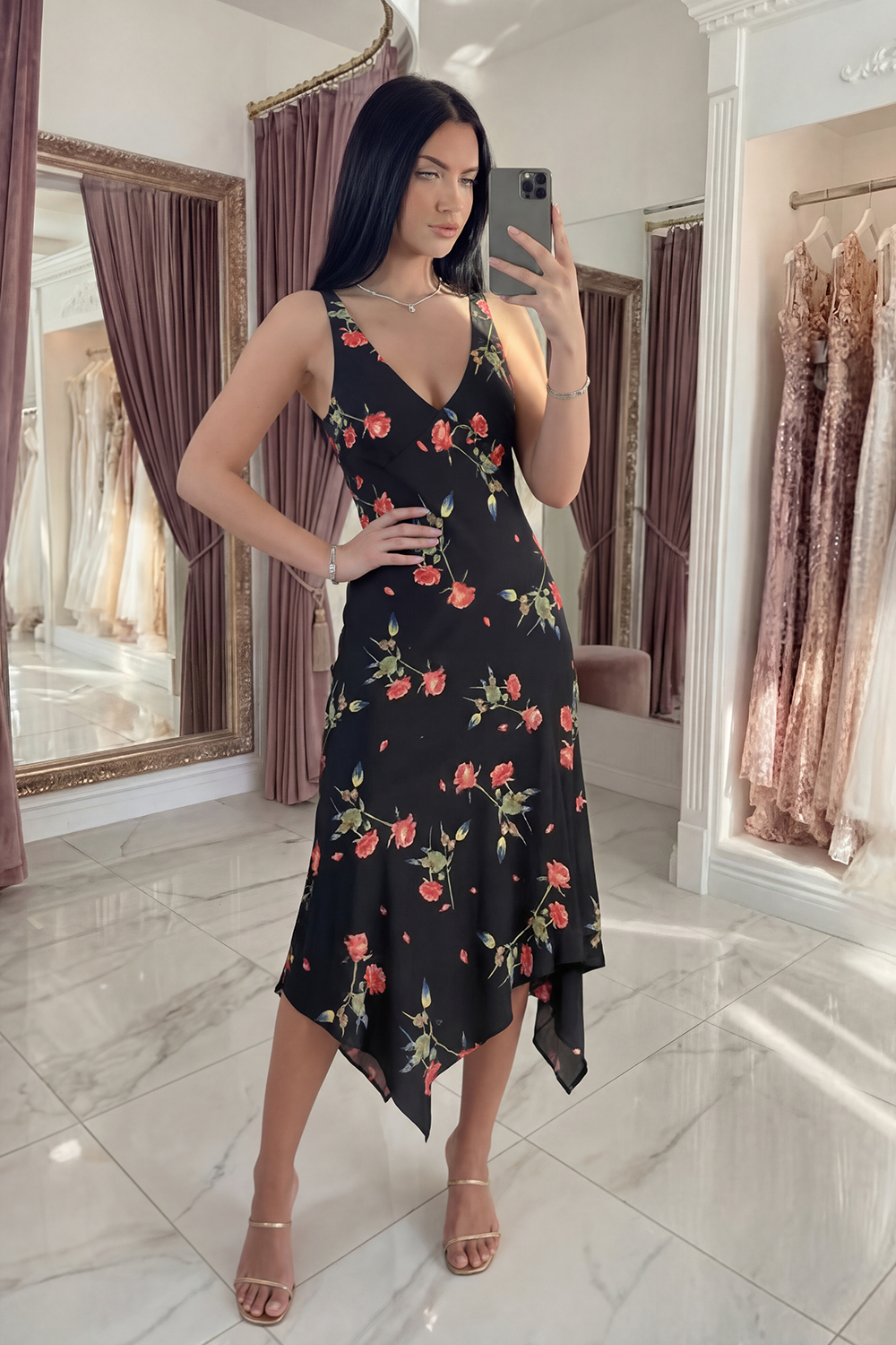 V-Neck A Line Black Floral Asymmetrical Prom Dress