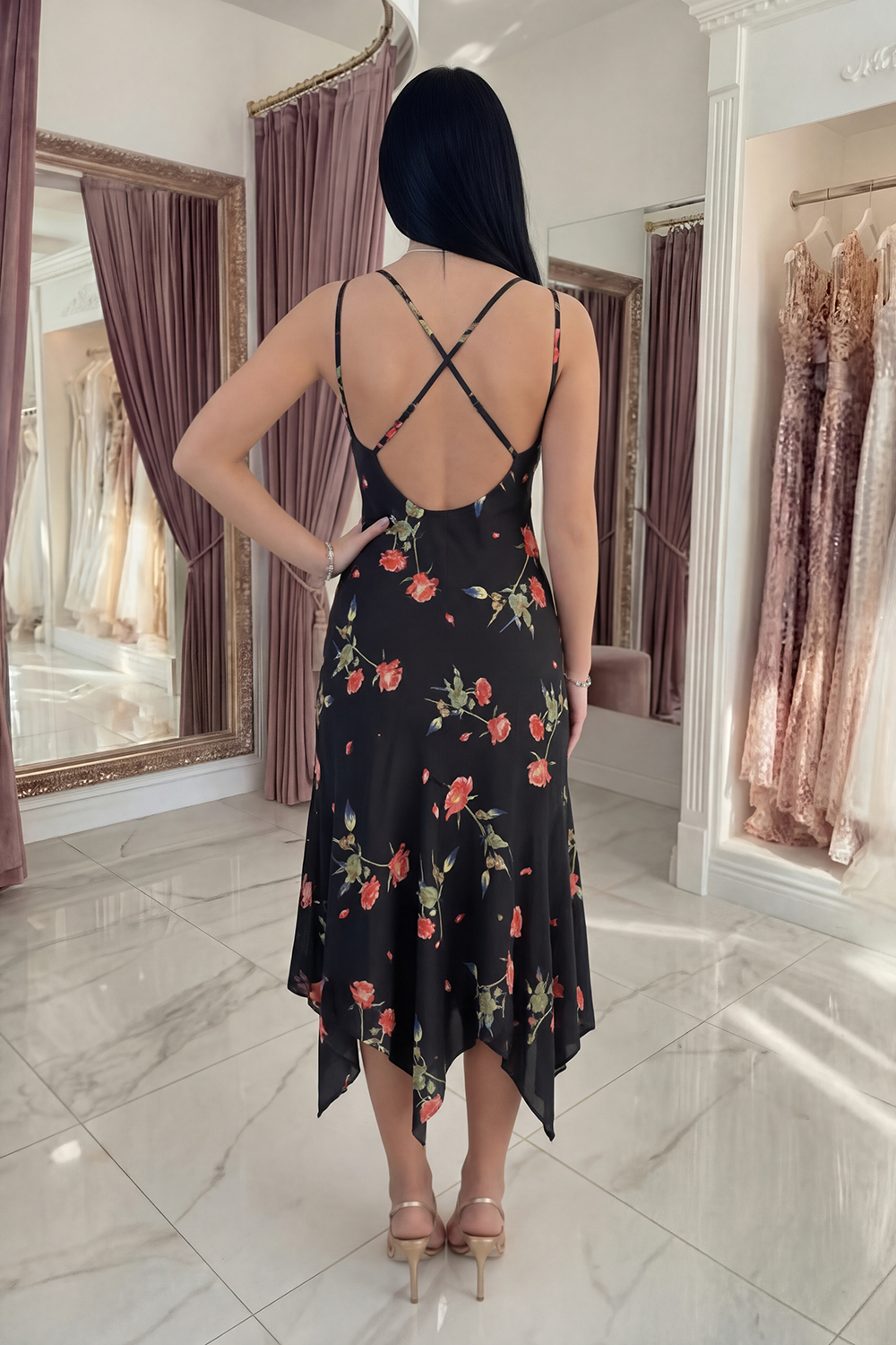 V-Neck A Line Black Floral Asymmetrical Prom Dress