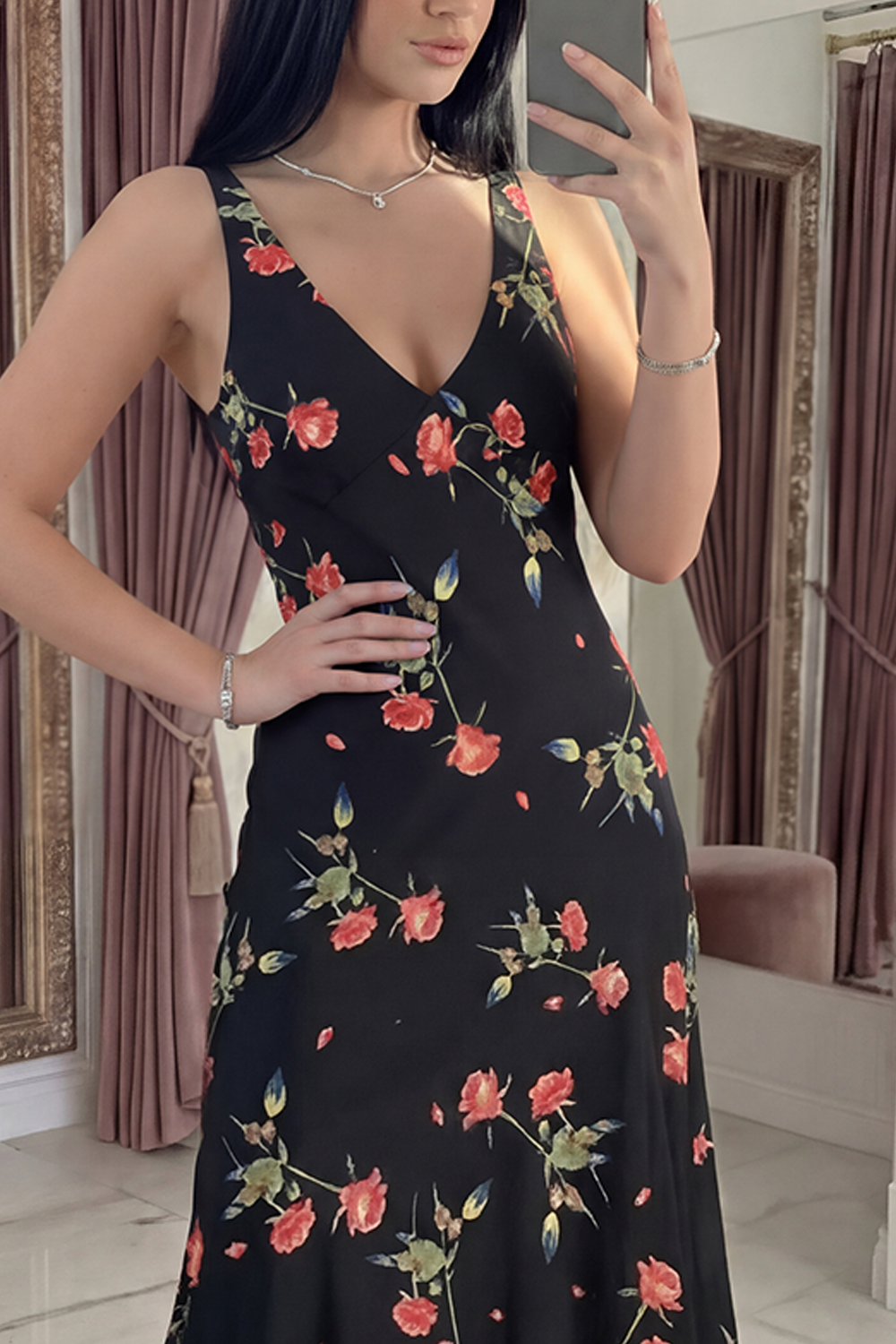 V-Neck A Line Black Floral Asymmetrical Prom Dress