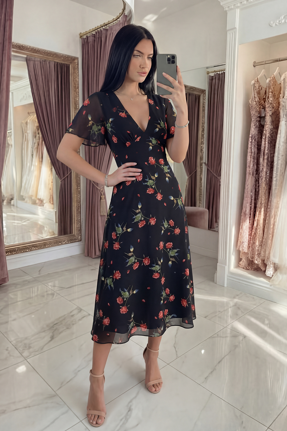 Black V-Neck A Line Floral Long Prom Dress with Sleeves