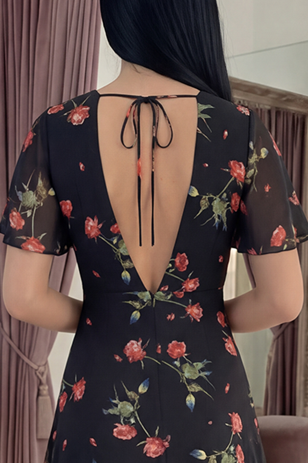 Black V-Neck A Line Floral Long Prom Dress with Sleeves