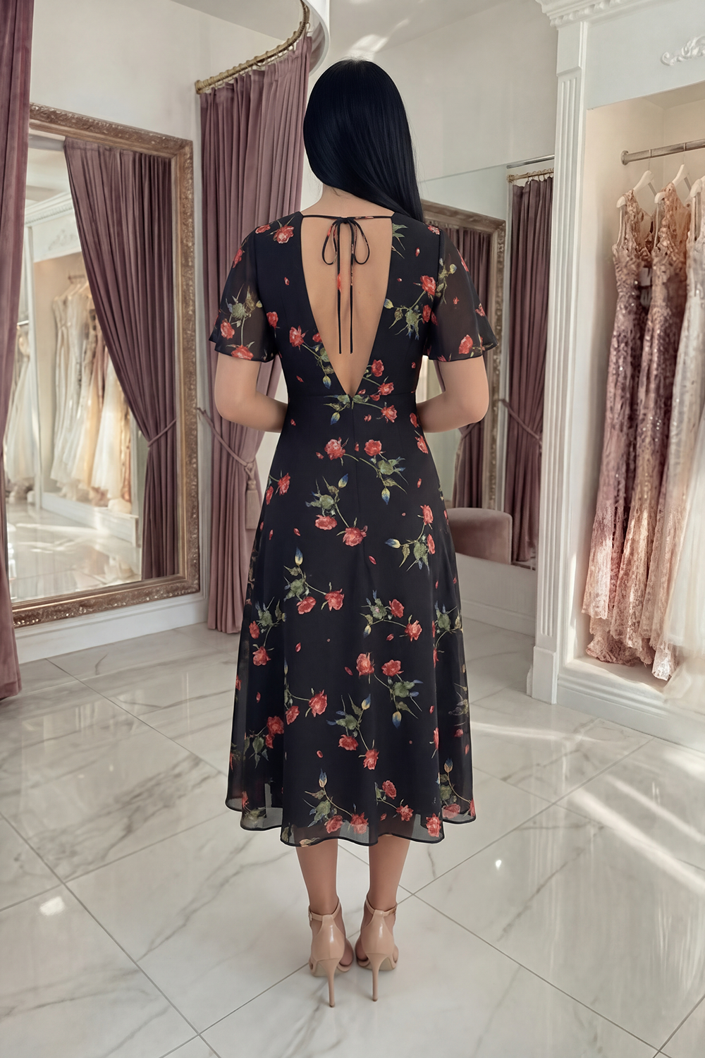 Black V-Neck A Line Floral Long Prom Dress with Sleeves