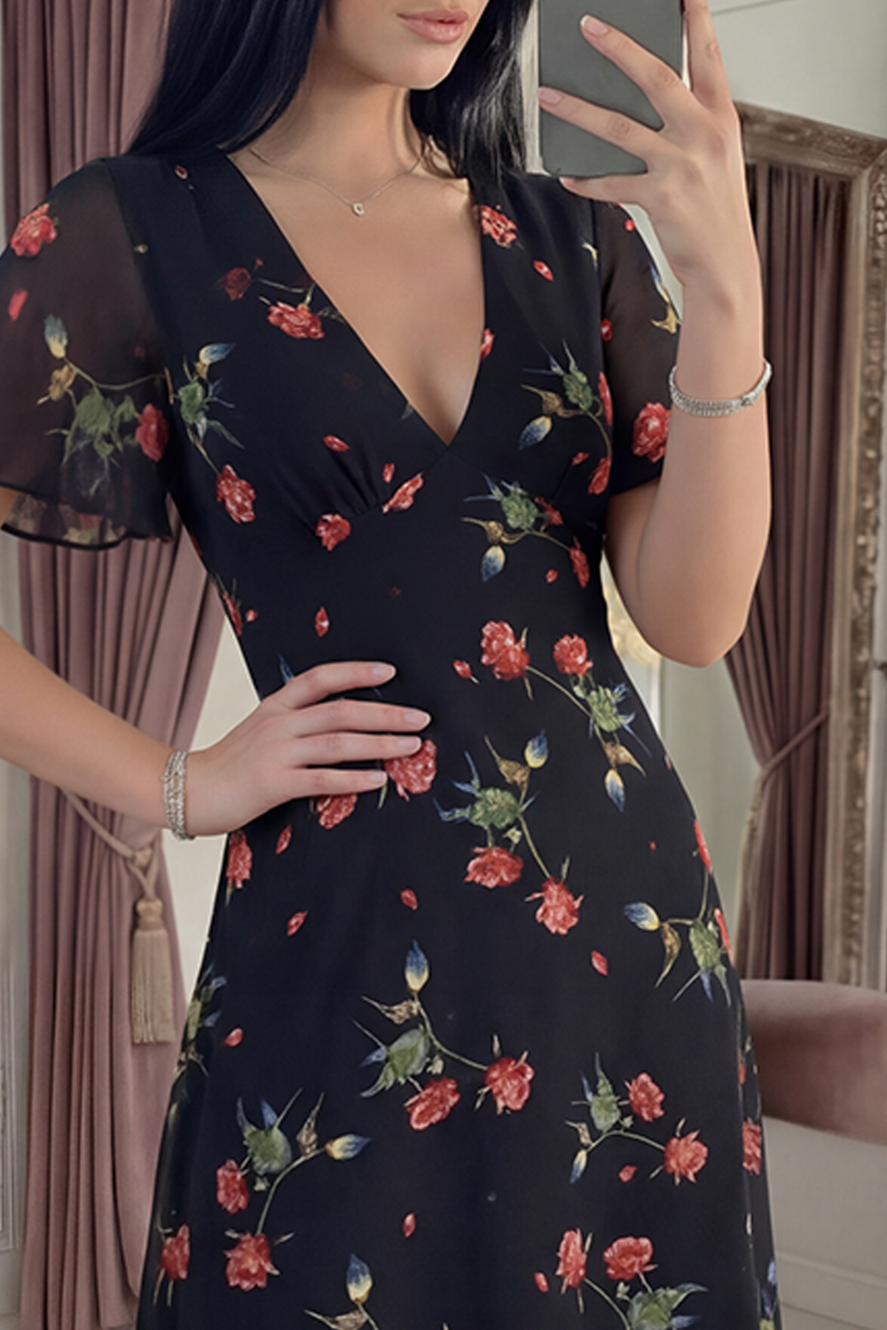 Black V-Neck A Line Floral Long Prom Dress with Sleeves