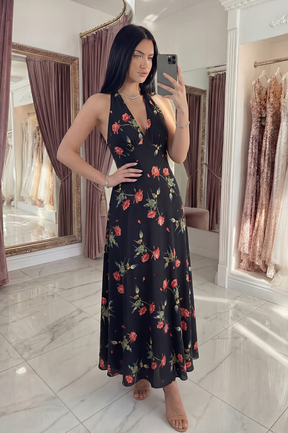 Black Halter A Line Floral Backless Long Prom Dress