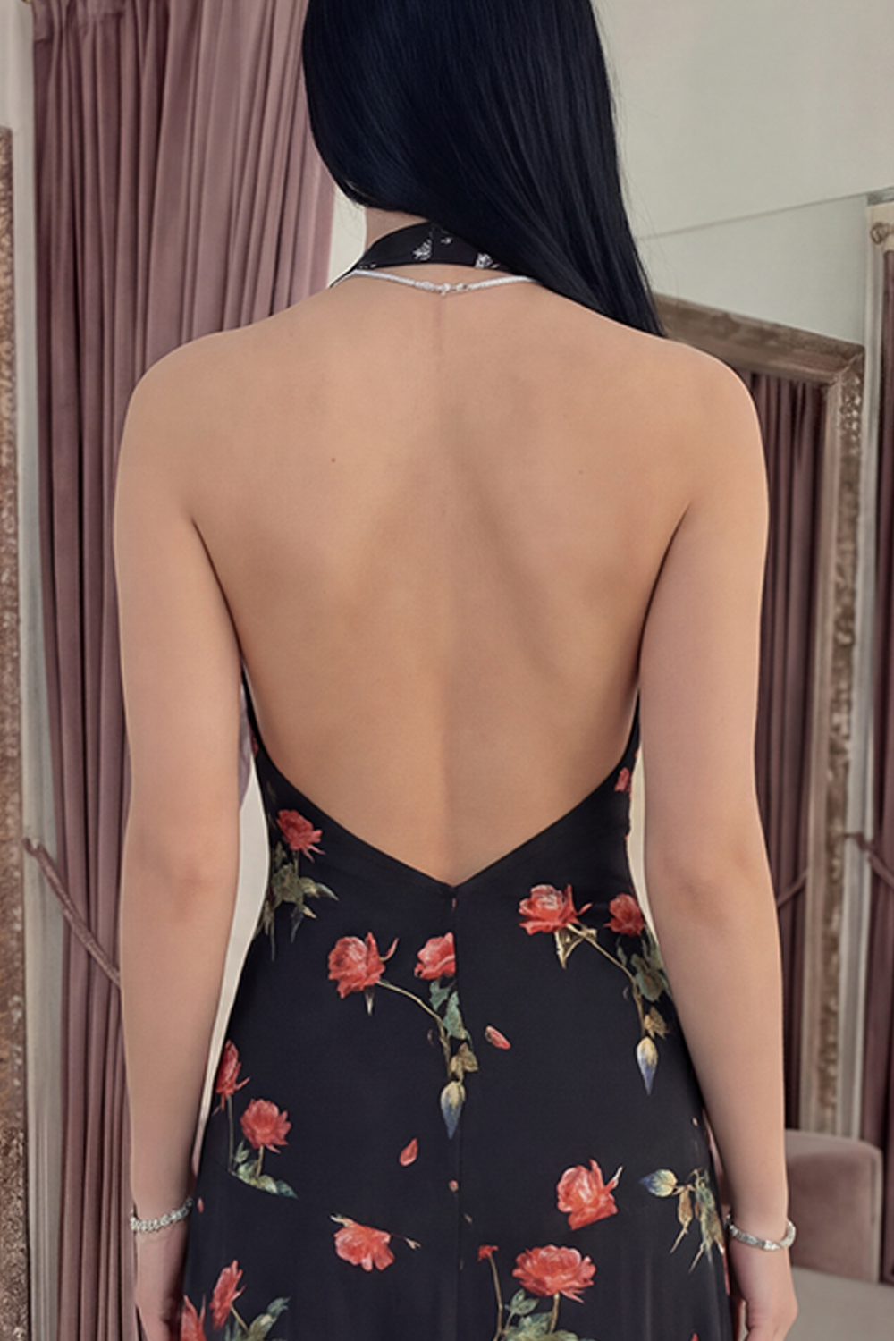Black Halter A Line Floral Backless Long Prom Dress