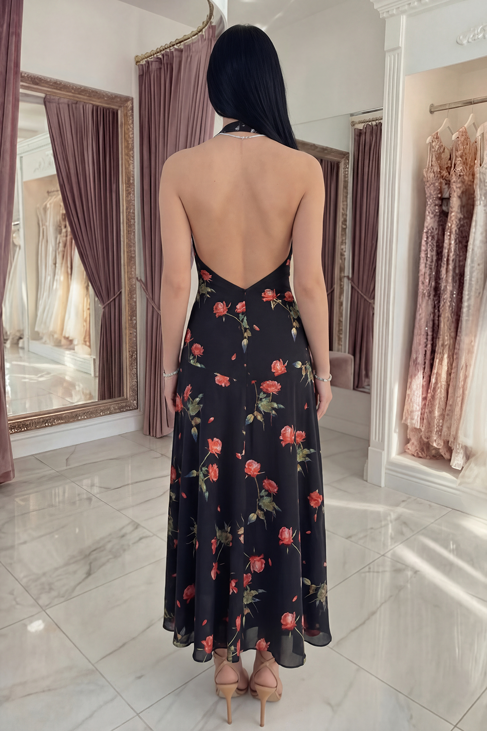 Black Halter A Line Floral Backless Long Prom Dress