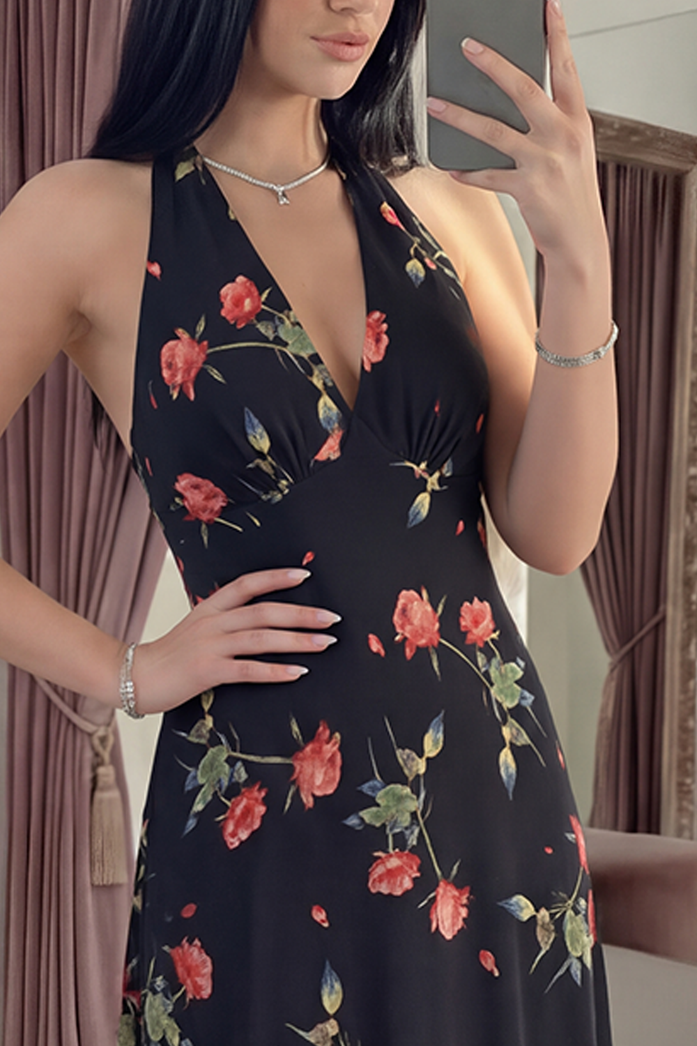 Black Halter A Line Floral Backless Long Prom Dress