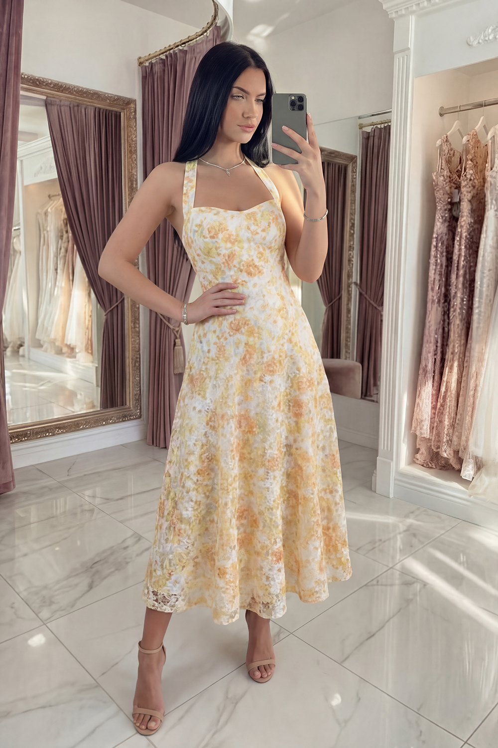 Yellow Halter A Line Floral Lace Long Boho Prom Dress with Bow