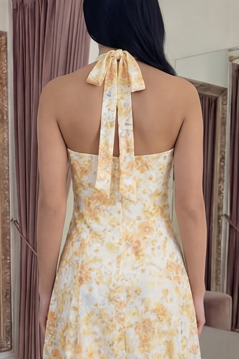 Yellow Halter A Line Floral Lace Long Boho Prom Dress with Bow