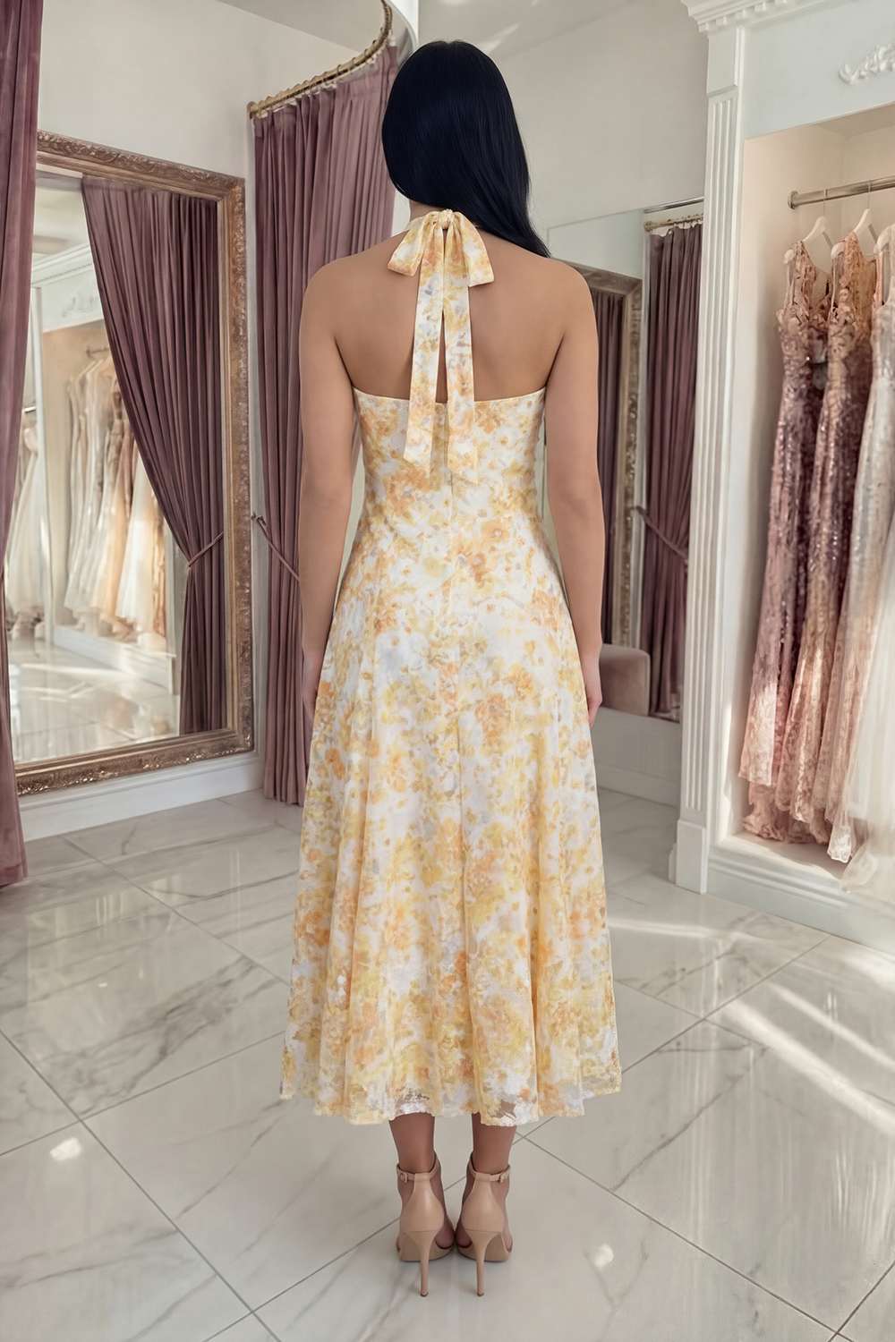 Yellow Halter A Line Floral Lace Long Boho Prom Dress with Bow