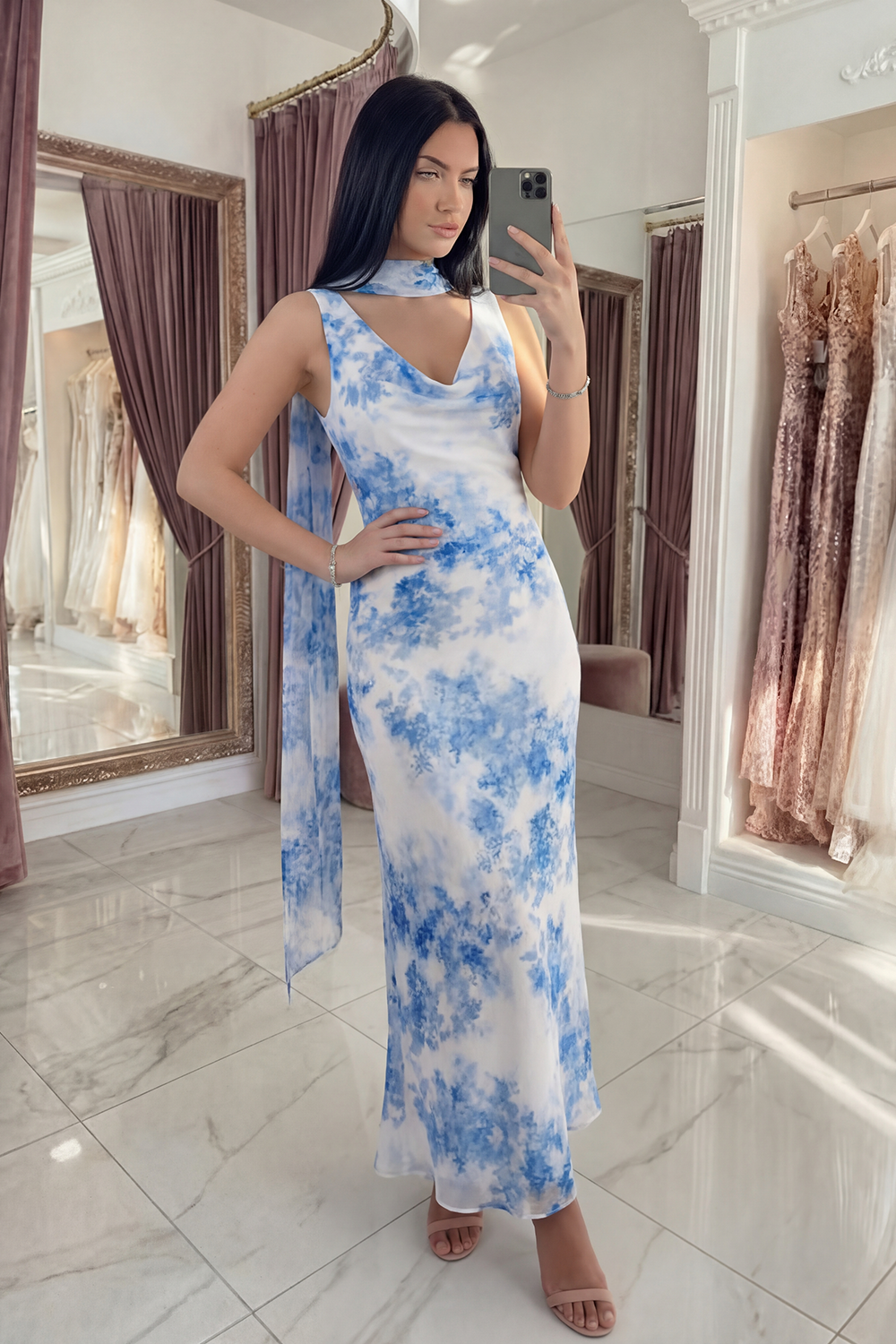 White Blue Flower Mermaid Neck Scarf Floral Long Prom Dress