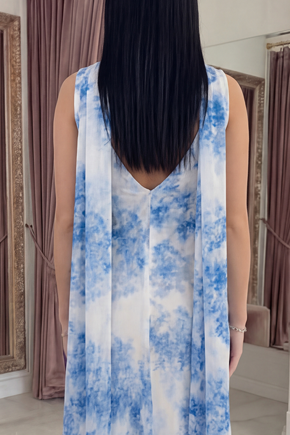 White Blue Flower Mermaid Neck Scarf Floral Long Prom Dress