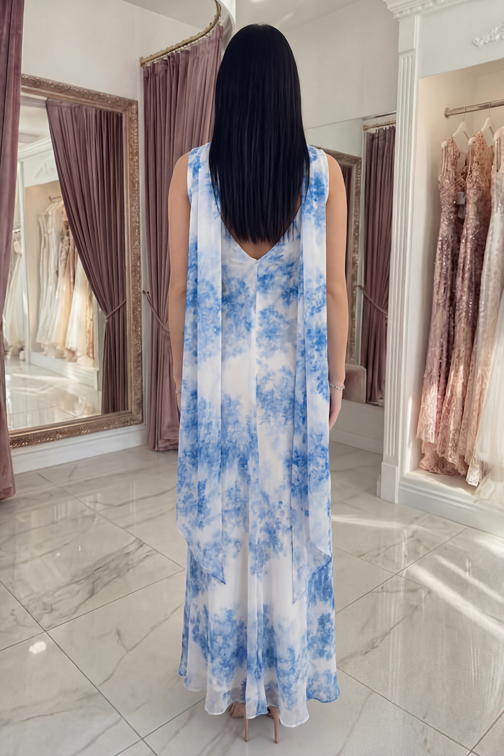 White Blue Flower Mermaid Neck Scarf Floral Long Prom Dress