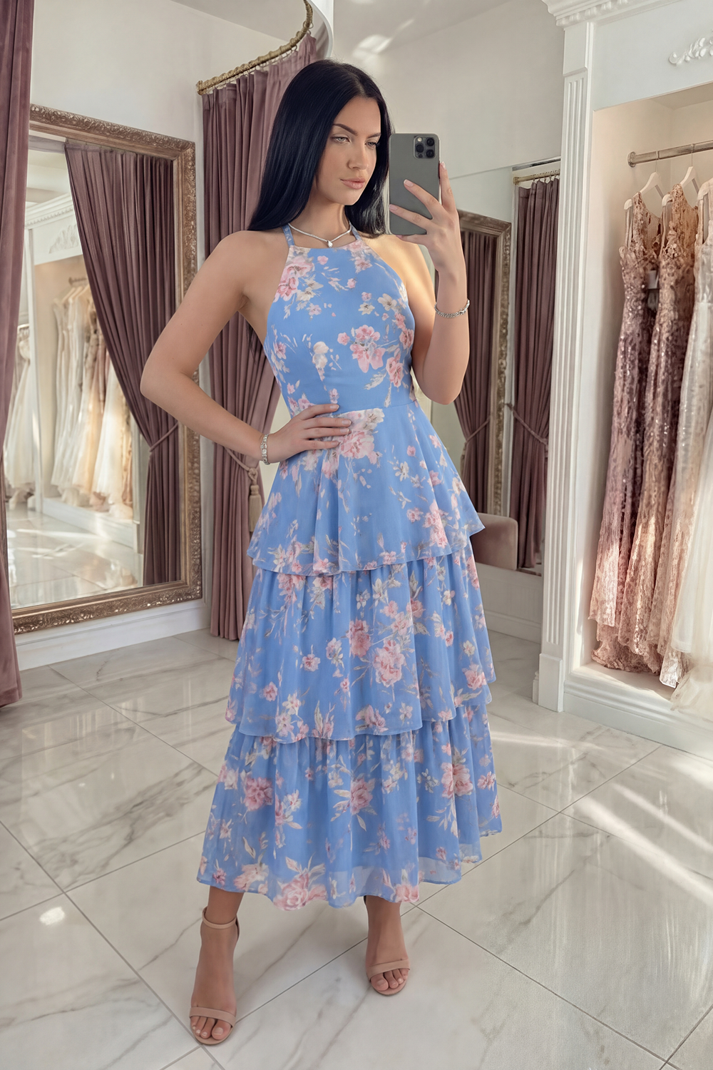 Ruffled A Line Blue Floral Long Halter Prom Dress with Bow