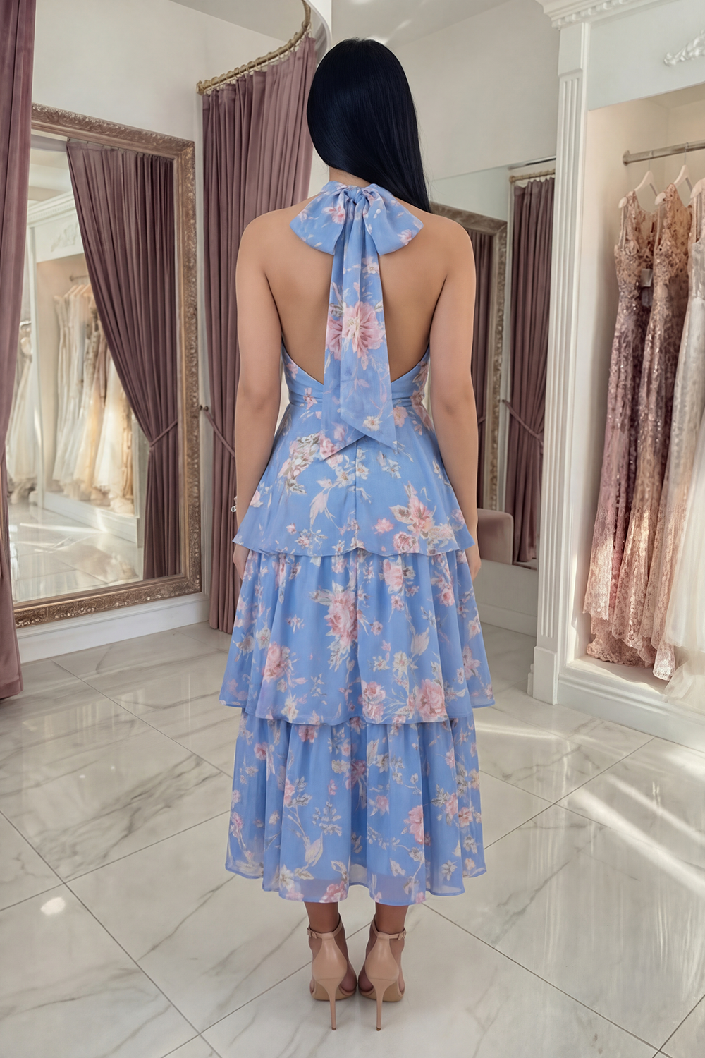 Ruffled A Line Blue Floral Long Halter Prom Dress with Bow