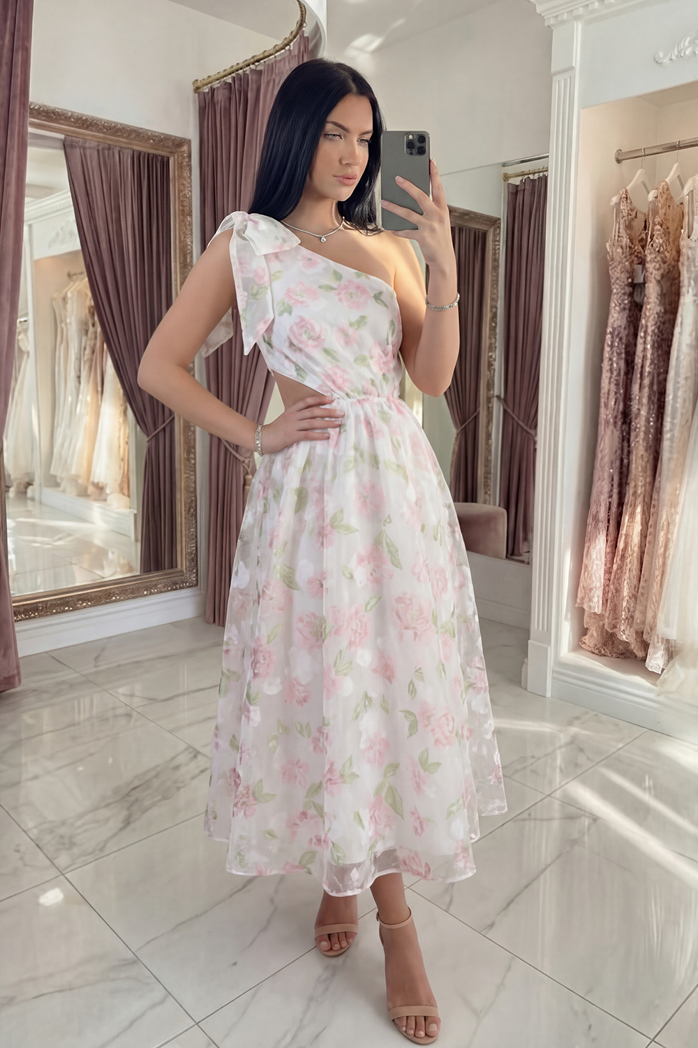 White Pink Flower One Shoulder A Line Long Prom Dress with Bow