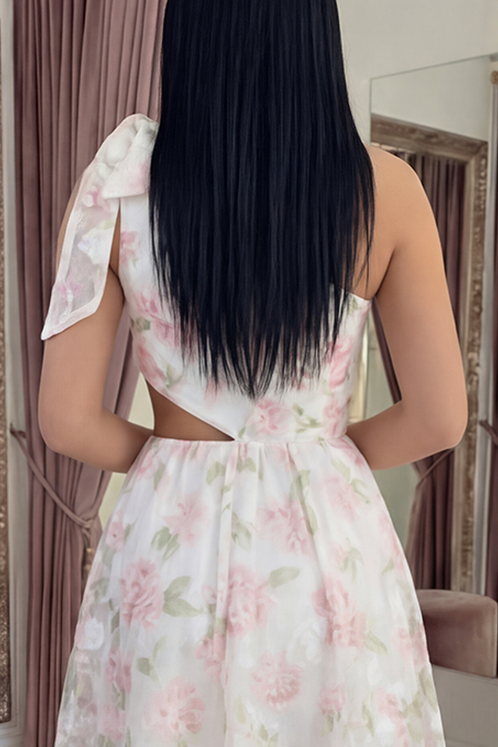 White Pink Flower One Shoulder A Line Long Prom Dress with Bow