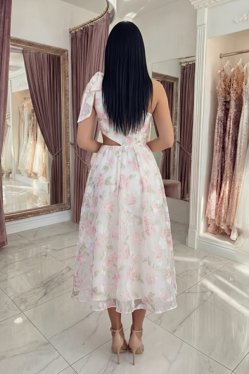 White Pink Flower One Shoulder A Line Long Prom Dress with Bow