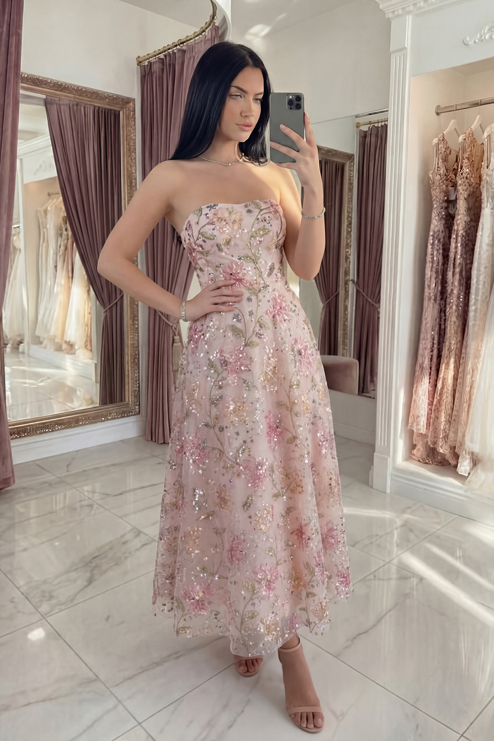 Sparkly Pink Sequin A Line Floral Long Prom Dress