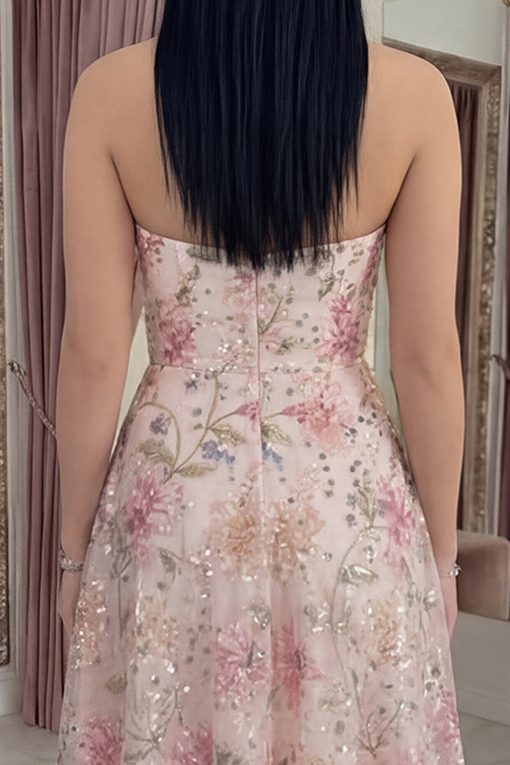 Sparkly Pink Sequin A Line Floral Long Prom Dress