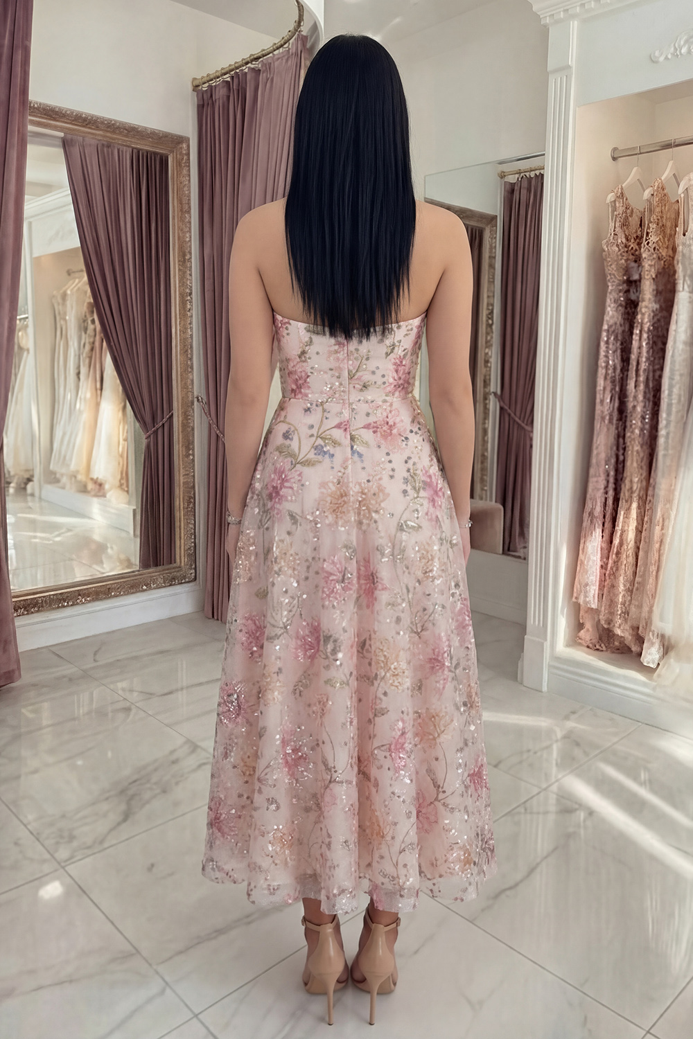 Sparkly Pink Sequin A Line Floral Long Prom Dress