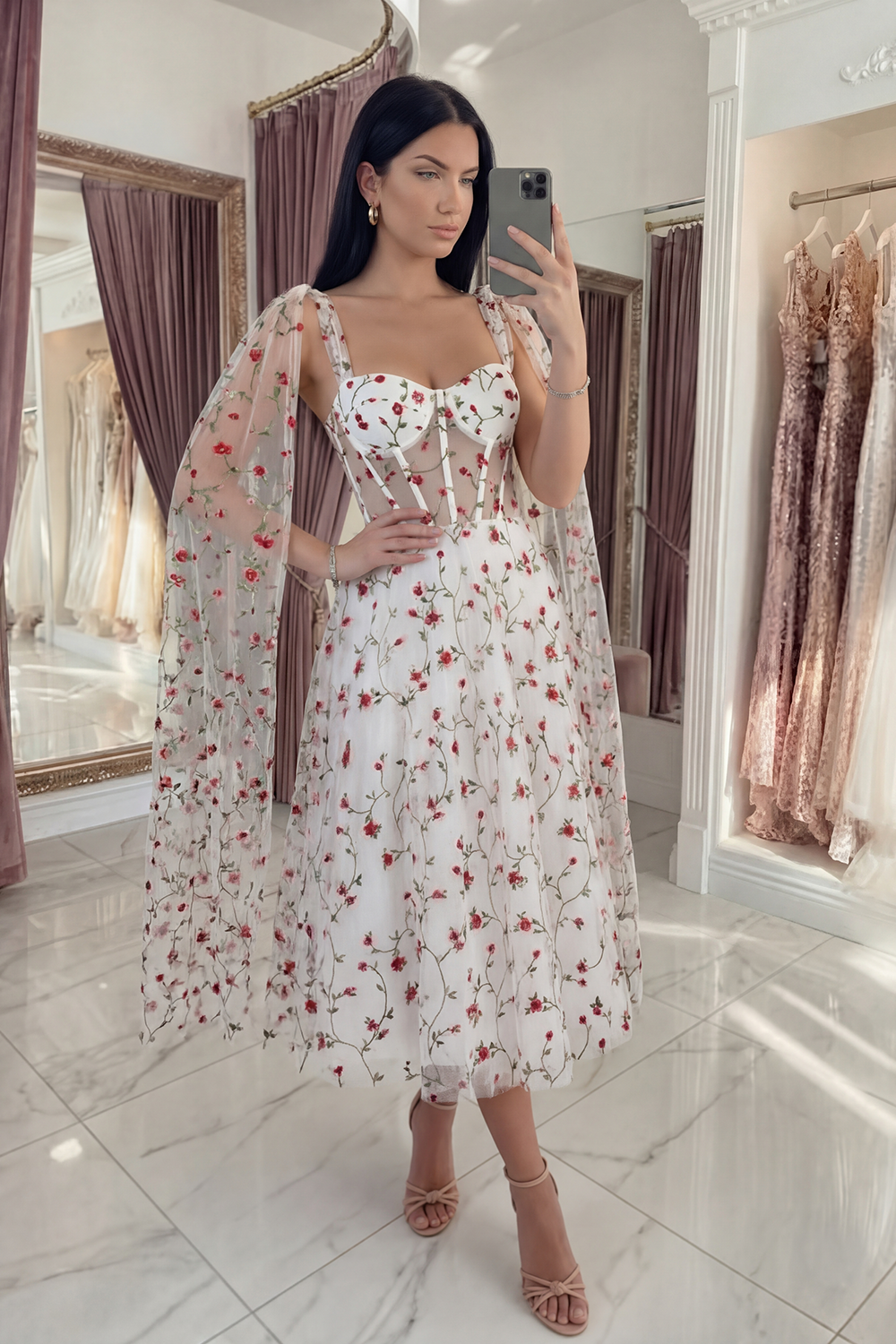 Ivory A Line Floral Long Corset Prom Dress with Cape