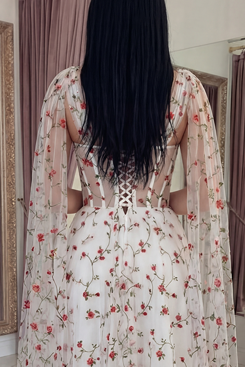 Ivory A Line Floral Long Corset Prom Dress with Cape