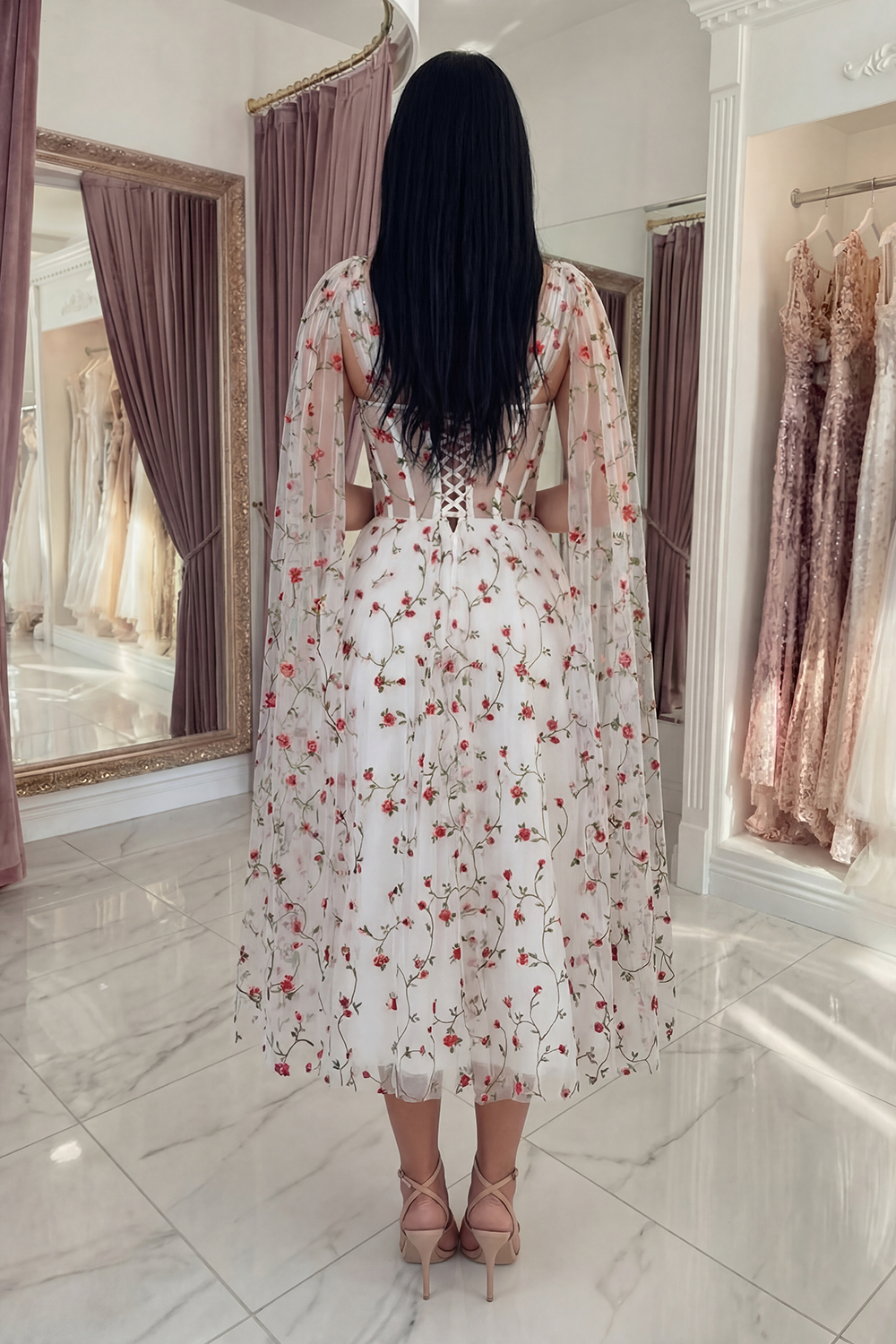 Ivory A Line Floral Long Corset Prom Dress with Cape