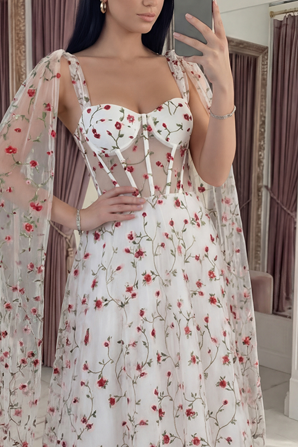 Ivory A Line Floral Long Corset Prom Dress with Cape