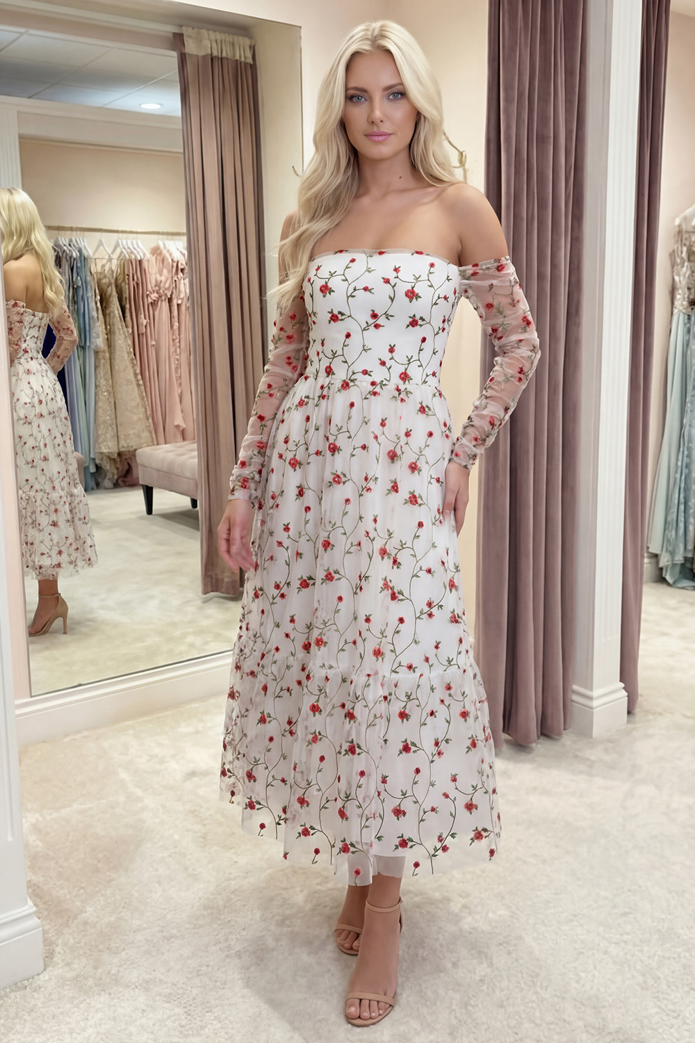 Ivory Off the Shoulder A Line Floral Long Prom Dress with Sleeves