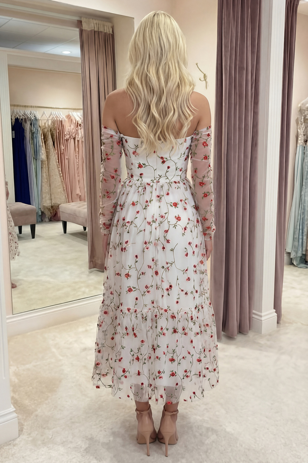 Ivory Off the Shoulder A Line Floral Long Prom Dress with Sleeves