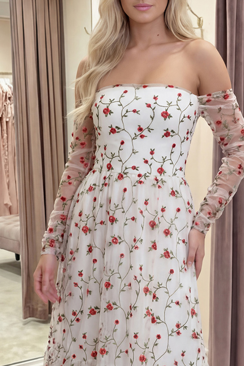 Ivory Off the Shoulder A Line Floral Long Prom Dress with Sleeves