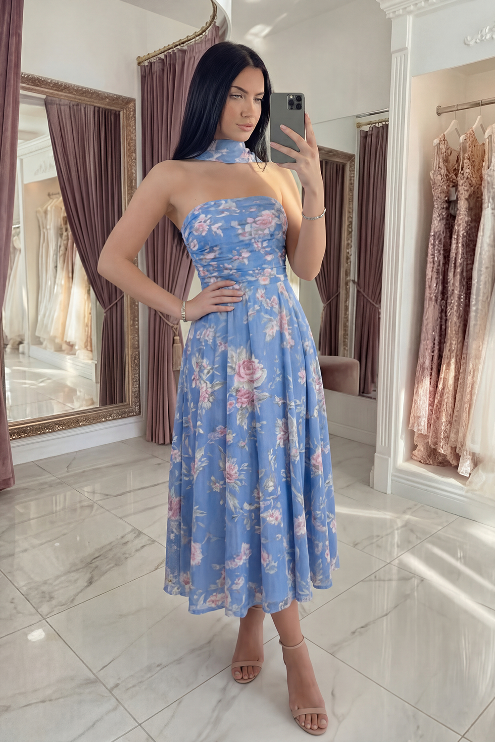 Blue Strapless A Line Neck Scarf Floral Long Prom Dress