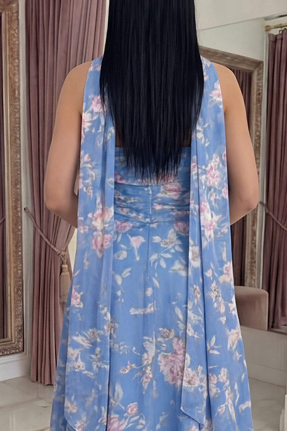 Blue Strapless A Line Neck Scarf Floral Long Prom Dress