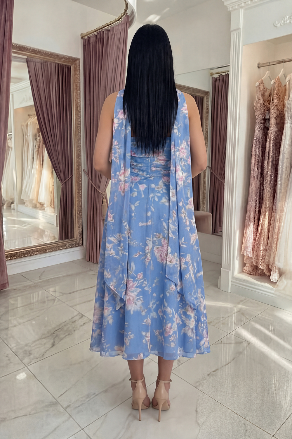 Blue Strapless A Line Neck Scarf Floral Long Prom Dress
