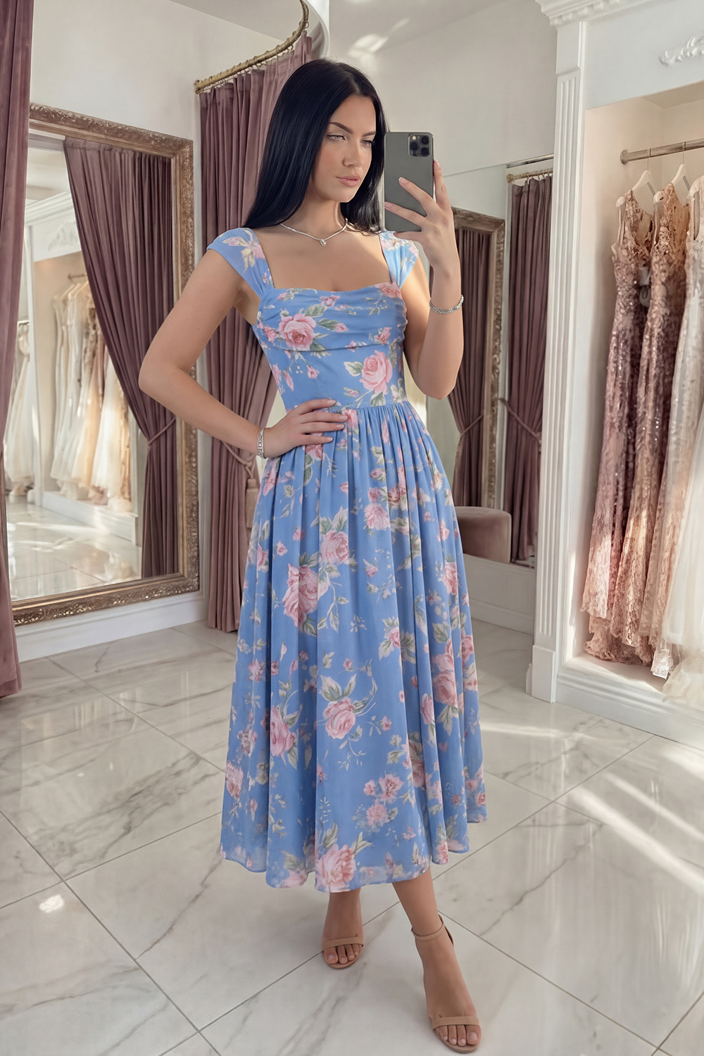 Blue A Line Square Neck Floral Long Prom Dress