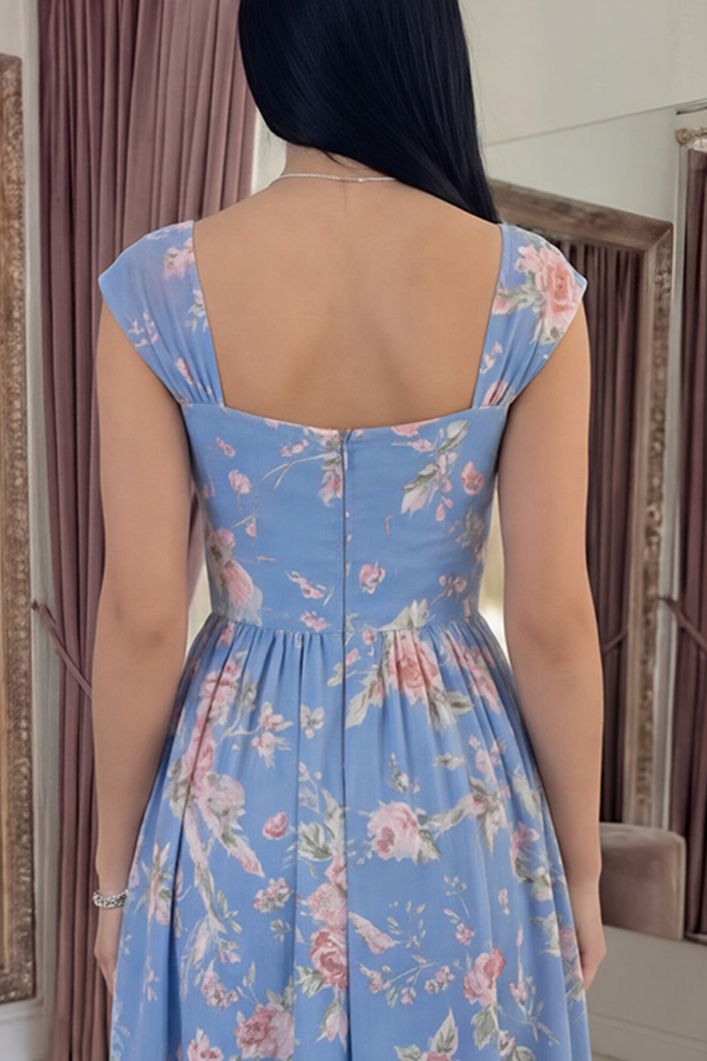 Blue A Line Square Neck Floral Long Prom Dress