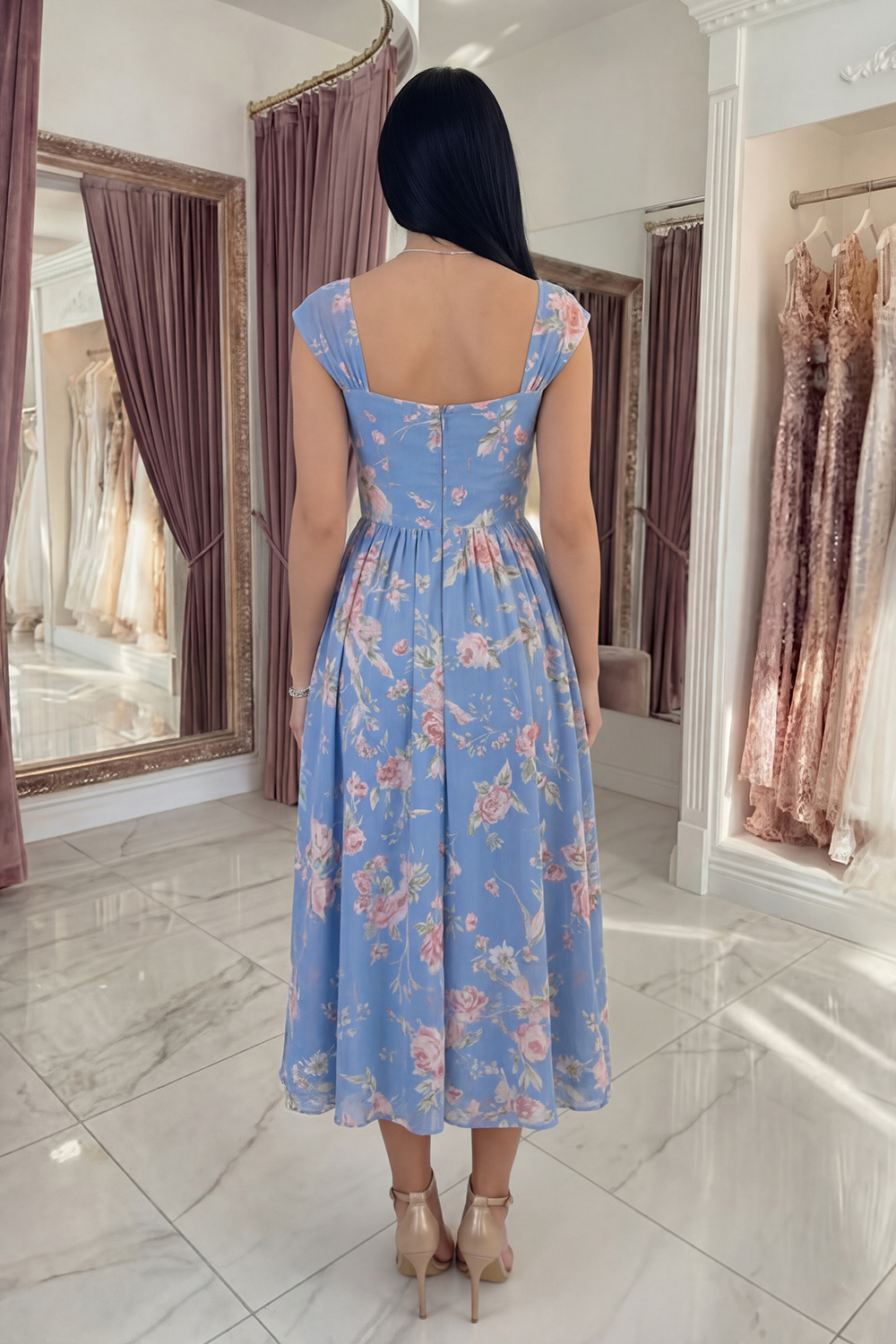 Blue A Line Square Neck Floral Long Prom Dress