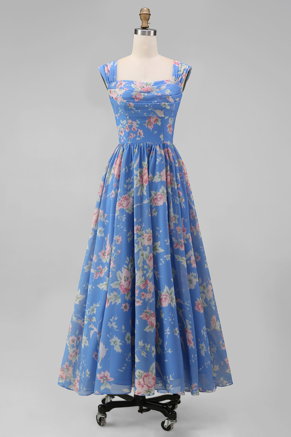 Blue A Line Square Neck Floral Long Prom Dress