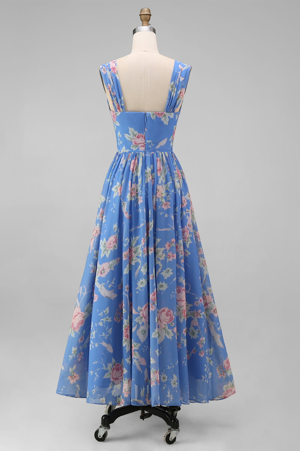 Blue A Line Square Neck Floral Long Prom Dress