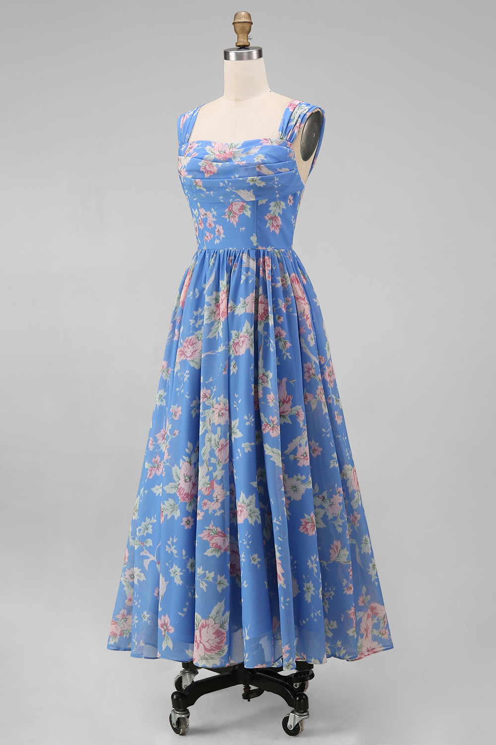 Blue A Line Square Neck Floral Long Prom Dress