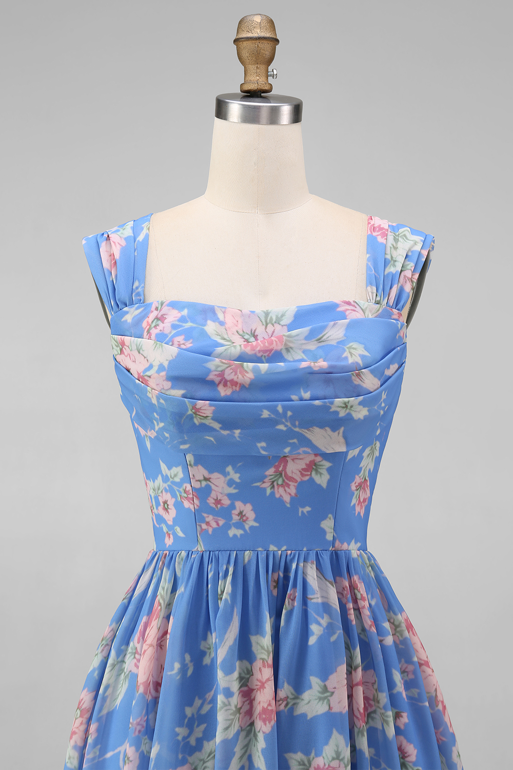 Blue A Line Square Neck Floral Long Prom Dress