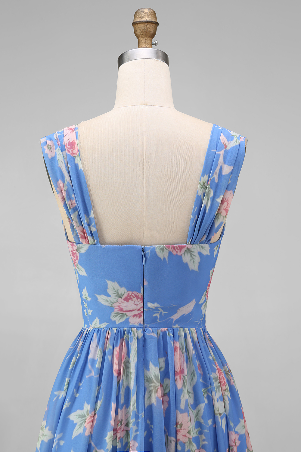 Blue A Line Square Neck Floral Long Prom Dress