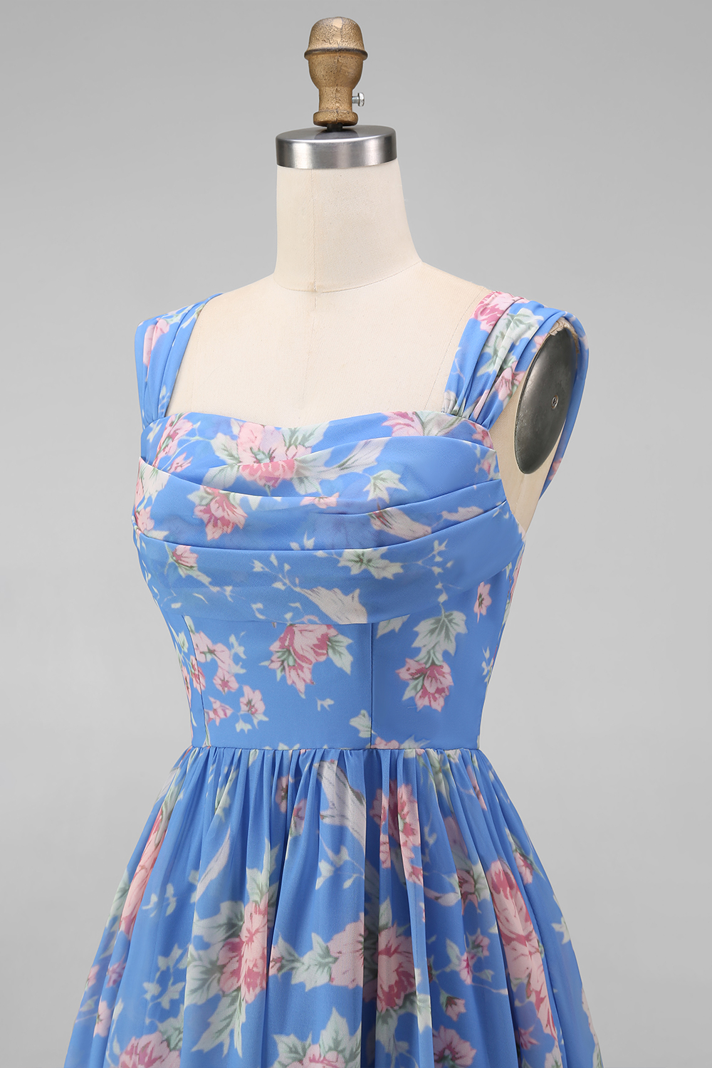 Blue A Line Square Neck Floral Long Prom Dress