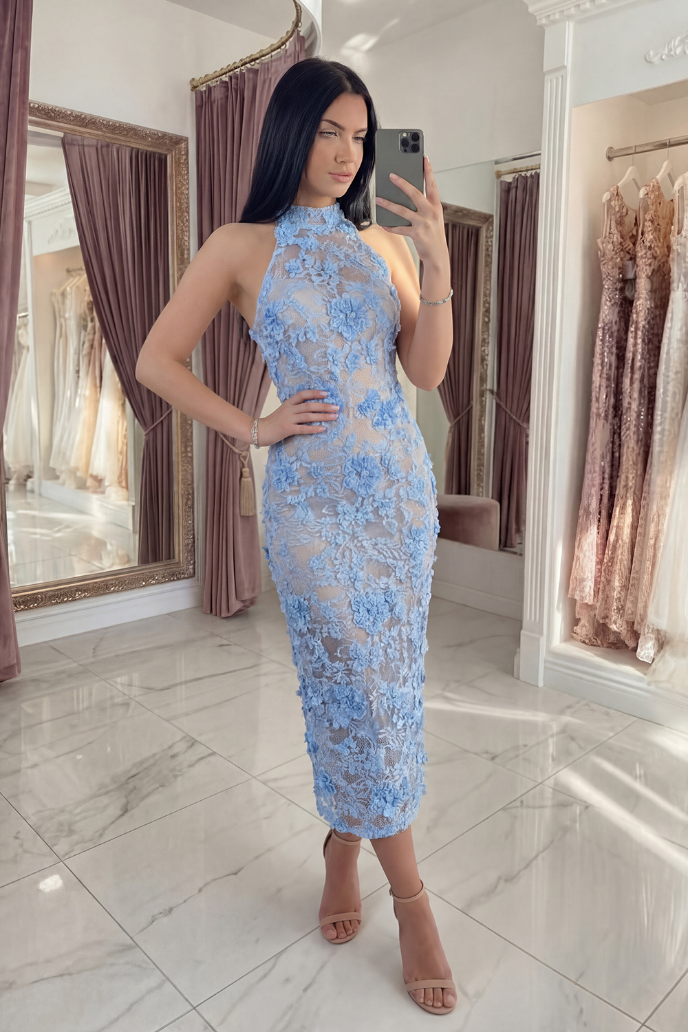 Blue Floral Lace Sheath High Neck Long Prom Dress