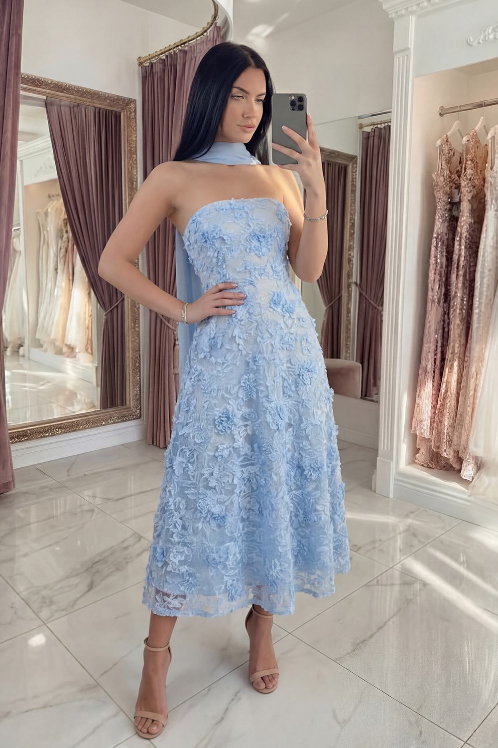 Blue A Line Floral Neck Scarf Strapless Long Prom Dress