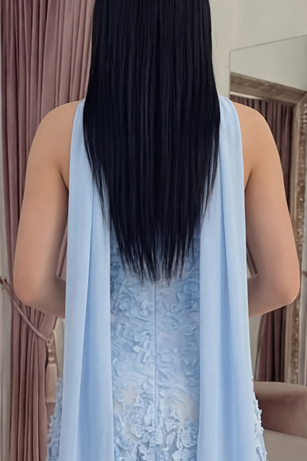 Blue A Line Floral Neck Scarf Strapless Long Prom Dress